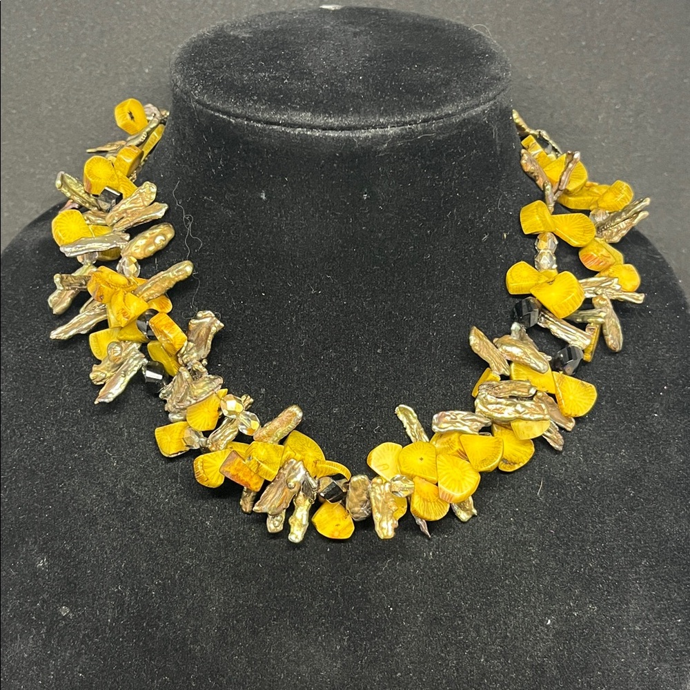 1593 Artisan Made Tiger Coral Necklace with Facted Crystal and Biwa Stick Pearl